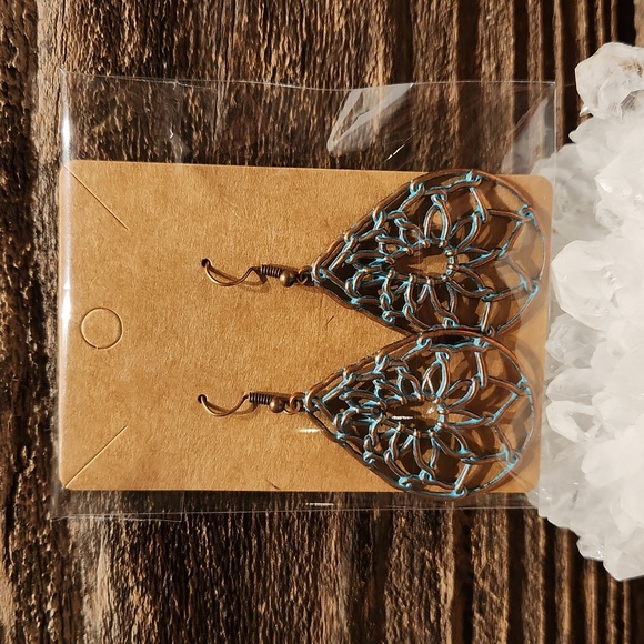 "New" Copper and Turquoise Colored Webbed Drop Earrings - Picture 4 of 4